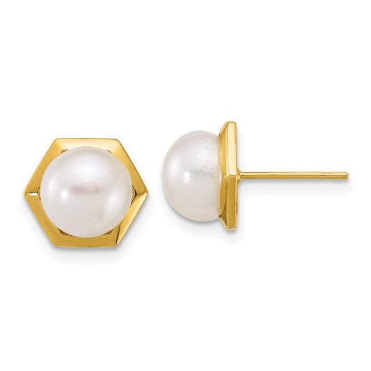 Exclusive 14K Gold Hexagon Earrings with 7-8mm Freshwater Pearls - Stylish Value