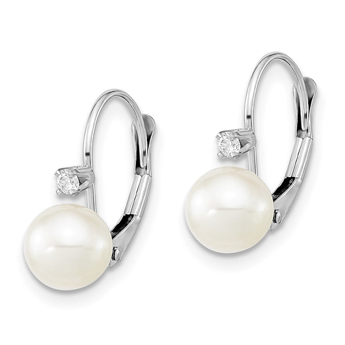 Buy Exclusive 14K White Gold Leverback Earrings with 6-7mm Pearls & Diamonds-2