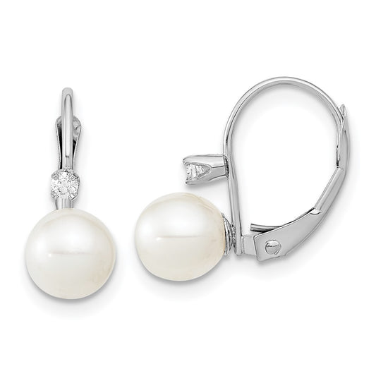 Buy Exclusive 14K White Gold Leverback Earrings with 6-7mm Pearls & Diamonds