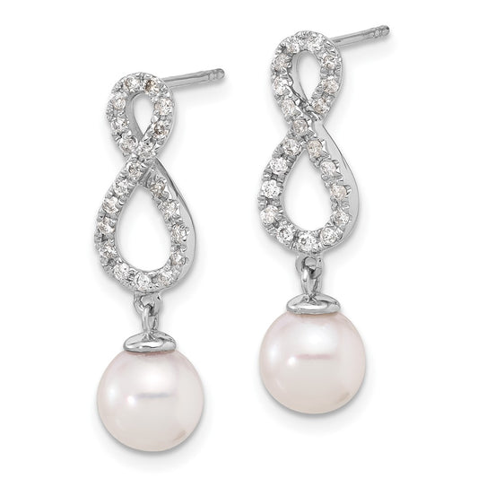 High-Quality 14K White Gold Infinity Dangle Earrings with 7-8mm Pearls & Diamonds