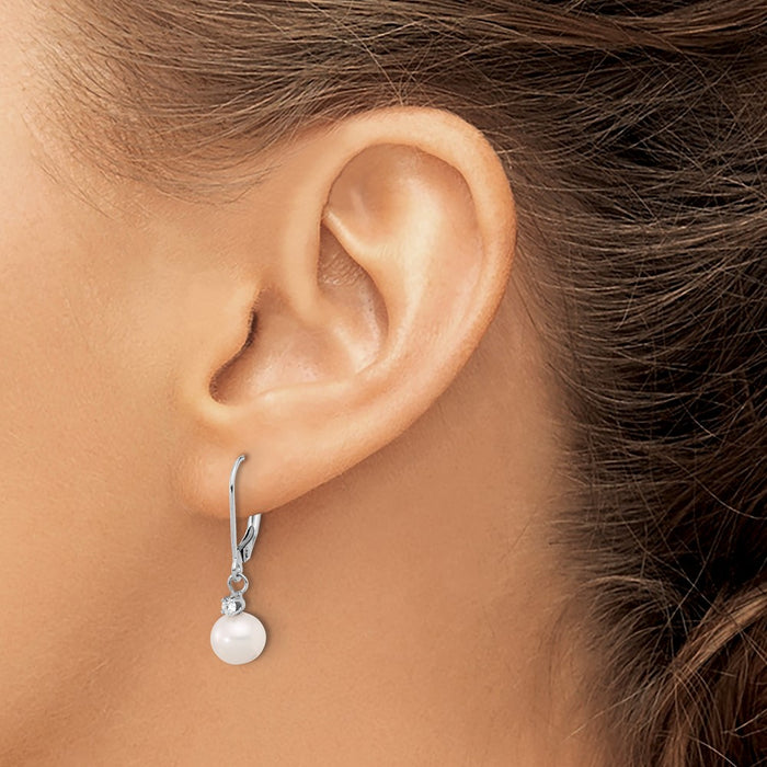 High-Quality 14K White Gold Dangle Earrings with 7-8mm Pearls & Diamonds-3