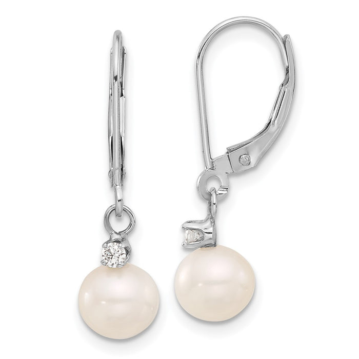 High-Quality 14K White Gold Dangle Earrings with 7-8mm Pearls & Diamonds-1