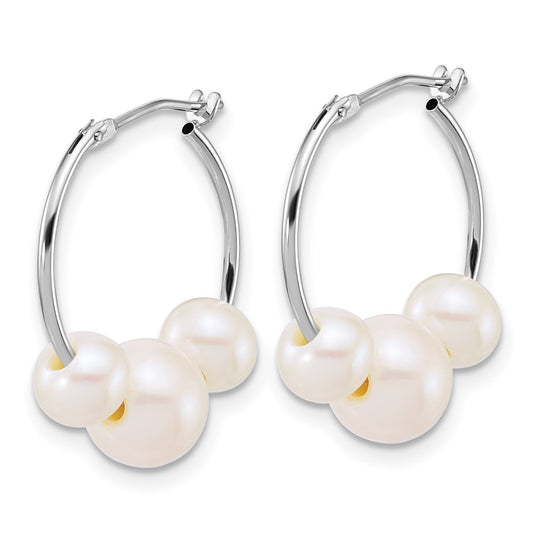 Buy Stylish 14K White Gold Polished Hoop Earrings with 3 Pearls, 6-8mm