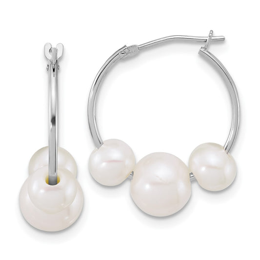 Buy Stylish 14K White Gold Polished Hoop Earrings with 3 Pearls, 6-8mm
