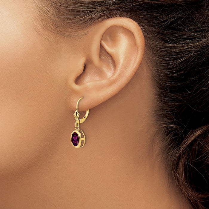 Shop Stylish 14K Gold Leverback Earrings with 8x6mm Oval Rhodolite Garnet-3