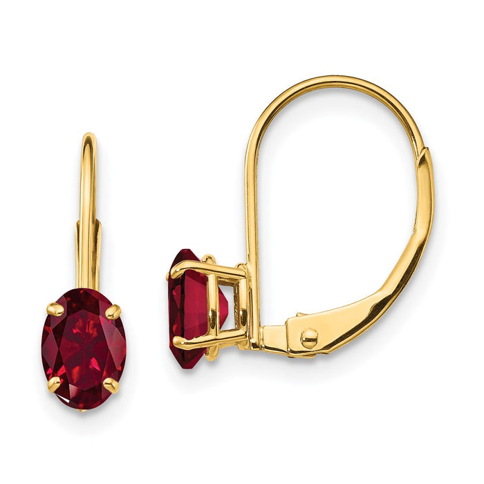 Shop Stylish 14K Gold 6x4mm Oval Created Ruby Leverback Earrings at Value Price-1