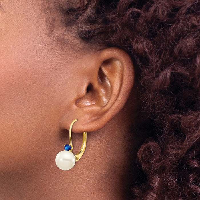 Buy Exclusive 14K White Gold Leverback Earrings with 6.5mm Pearls & Sapphires-3