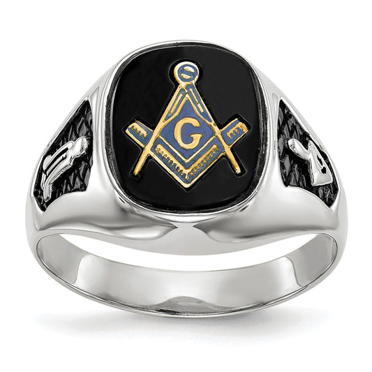 Exclusive Men's 14K White Gold Masonic Ring - Stylish Onyx & Enamel Design