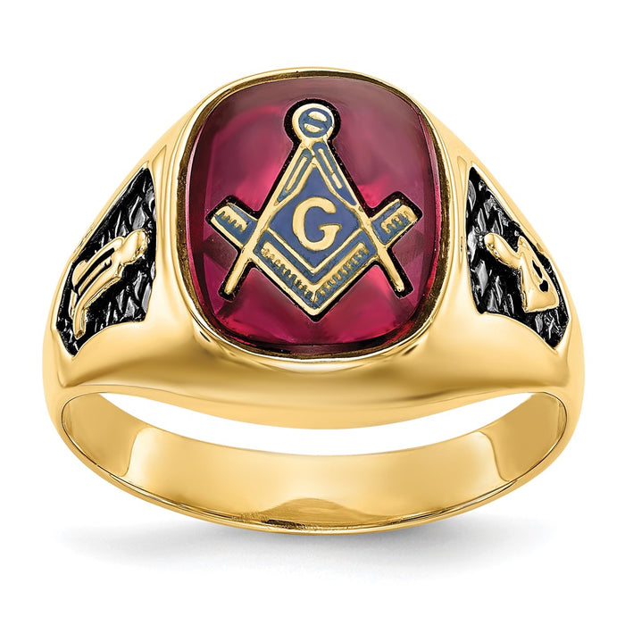 Shop High-Quality 14K Men's Masonic Ring, Stylish with Ruby & Black Enamel-1