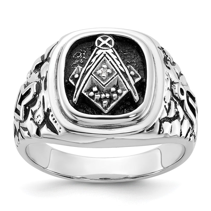 Buy Stylish Men's 14K White Gold Masonic Ring, Textured Design & Diamonds-1