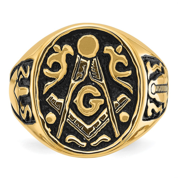 Exclusive 14K Men's Polished Masonic Ring - Stylish Grooved Design & Black Enamel-4
