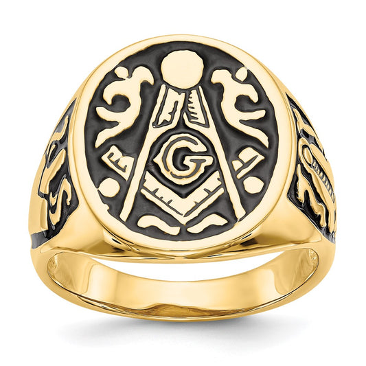 Exclusive 14K Men's Polished Masonic Ring - Stylish Grooved Design & Black Enamel