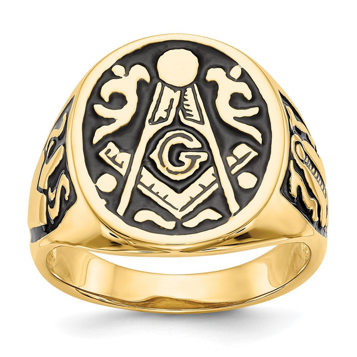 Exclusive 14K Men's Polished Masonic Ring - Stylish Grooved Design & Black Enamel-1