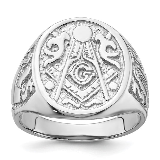 Exclusive 14K White Gold Men's Polished Masonic Ring - Stylish Grooved Design