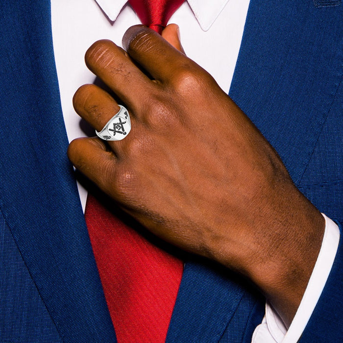 Exclusive Men's 14K White Gold Masonic Ring - Stylish Polished Finish & Grooved Design-6