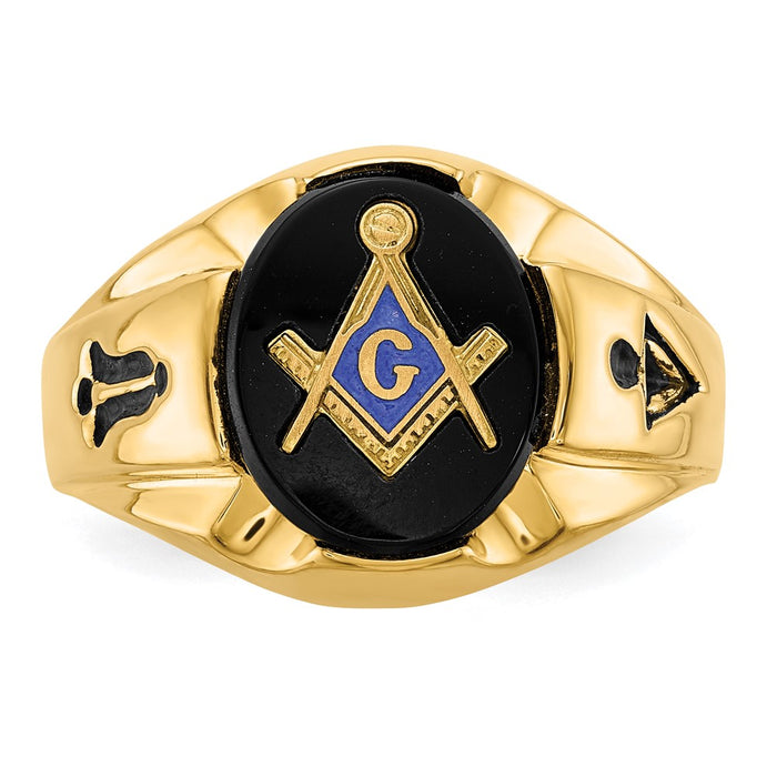 Shop Luxury 14K Men's Polished Antiqued Masonic Ring with Oval Onyx Stone-4