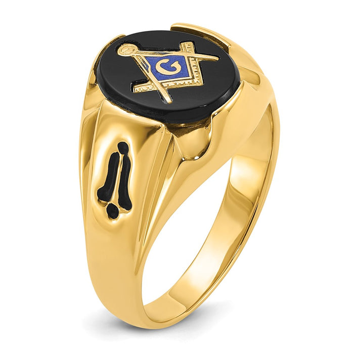 Shop Luxury 14K Men's Polished Antiqued Masonic Ring with Oval Onyx Stone-7