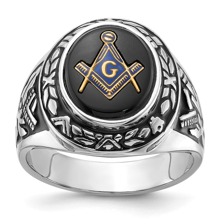 Exclusive Men's 14K White Gold Masonic Ring with Onyx - Stylish Design-1