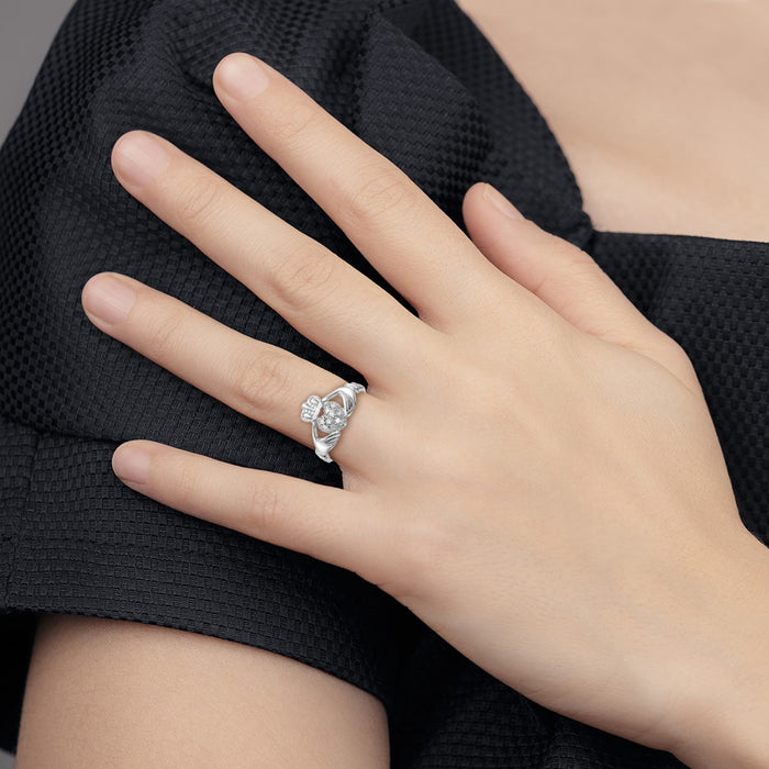 High-Quality 14K White Gold Claddagh Ring with 1/10ct AA Diamonds - Stylish Value!-5