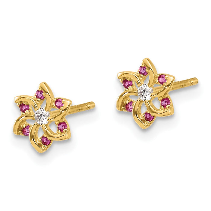High-Quality 14K Gold Floral Stud Earrings with Red & White Cubic Zirconia-2