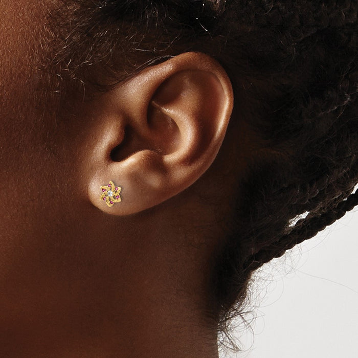 High-Quality 14K Gold Floral Stud Earrings with Red & White Cubic Zirconia-3