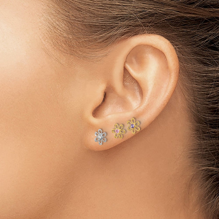 Exclusive 14K Yellow & White Gold Floral Stud Earrings Set | Stylish Multi-Color CZ-3