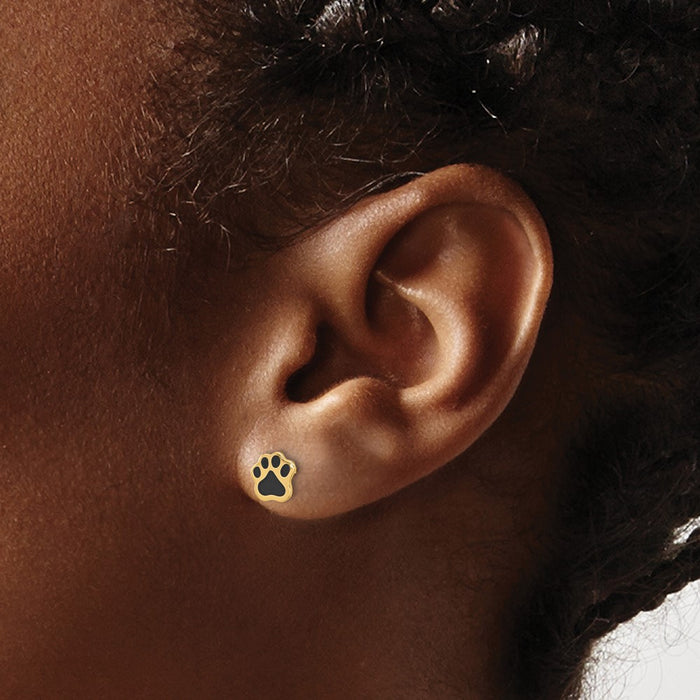 High-Quality 14K Gold Paw Print Earrings | Stylish Black Enamel Posts-3