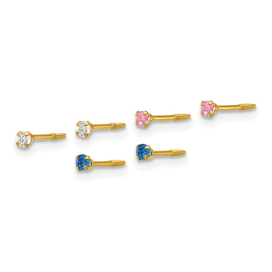 High-Quality 14K Gold 2mm CZ Screwback Earrings - Stylish Set of 3 Pairs