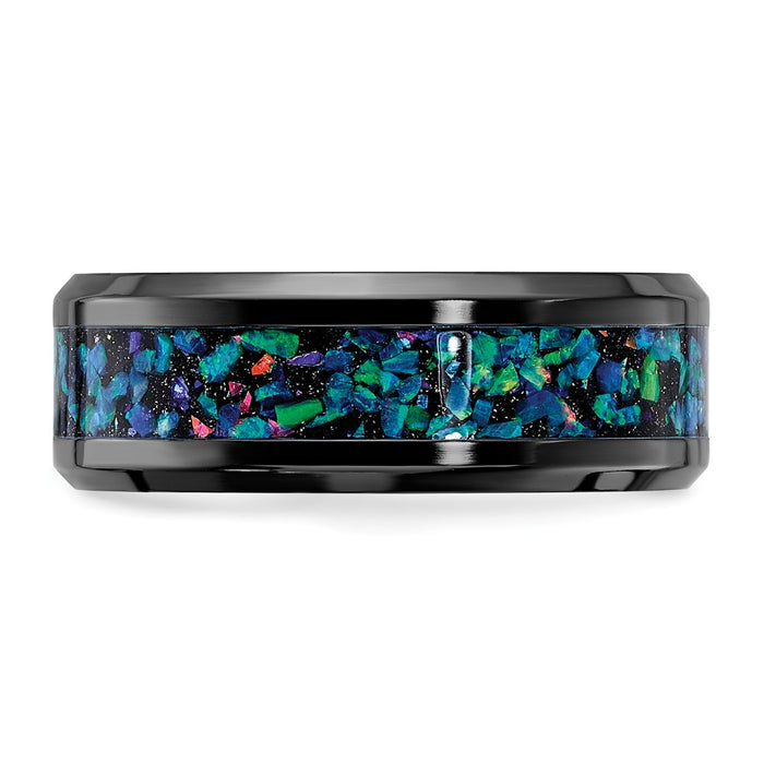 High-Quality 8mm Polished Black Zirconium Chisel Band with Imitation Opal Inlay-3
