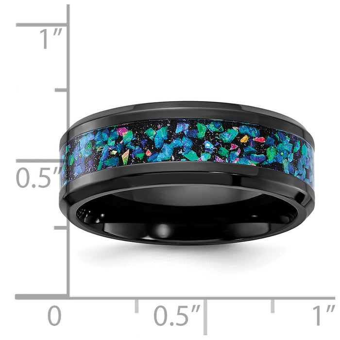 High-quality Polished Black Zirconium Chisel Band - 8mm Imitation Opal Inlay-4