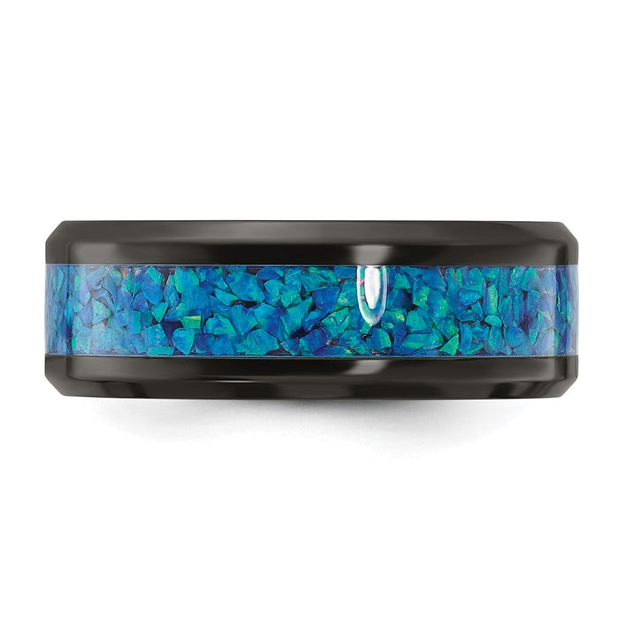 High-Quality Polished Black Zirconium Chisel Band | 8mm Blue Opal Inlay-3