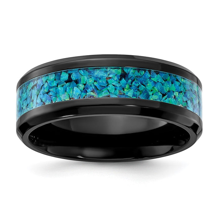 Buy High-Quality 8mm Black Zirconium Chisel Band with Blue Opal Inlay - Stylish Value-1