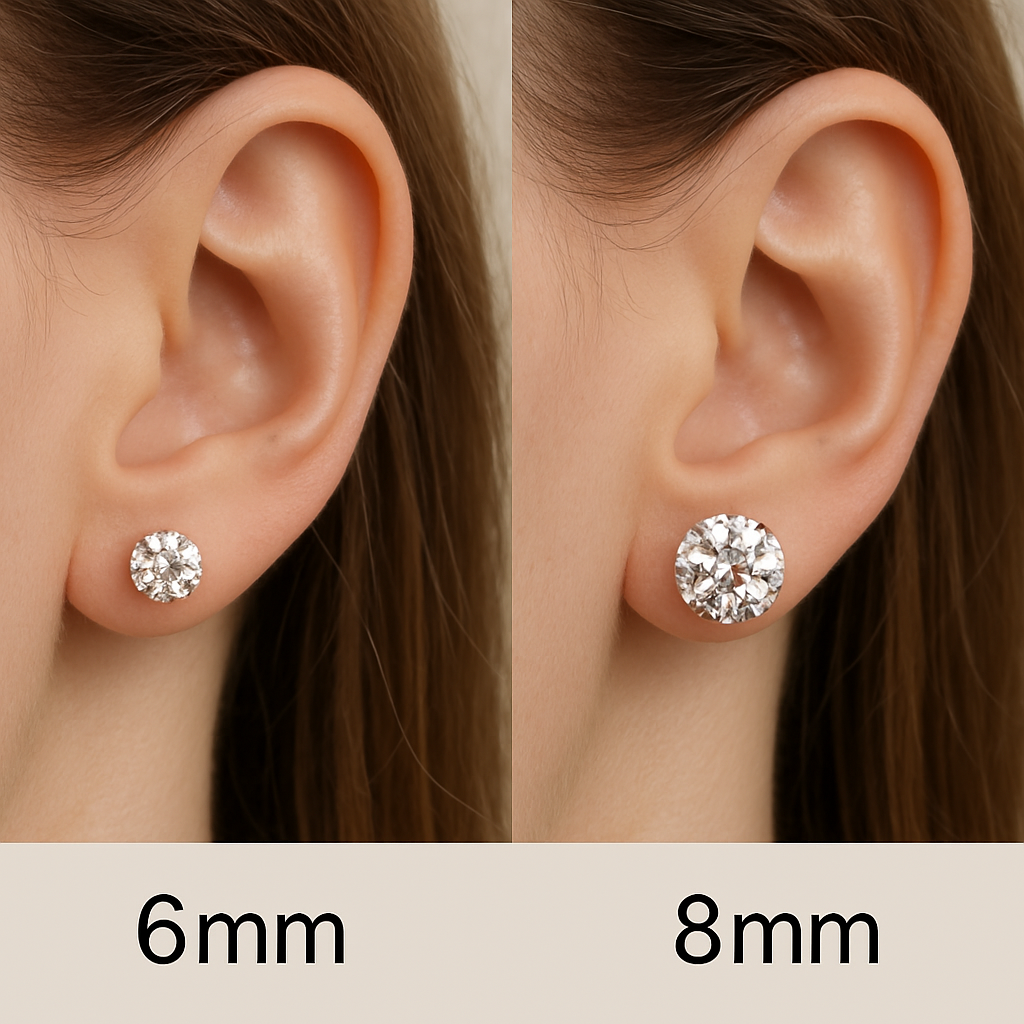 Visual difference between 6mm and 8mm stud earrings