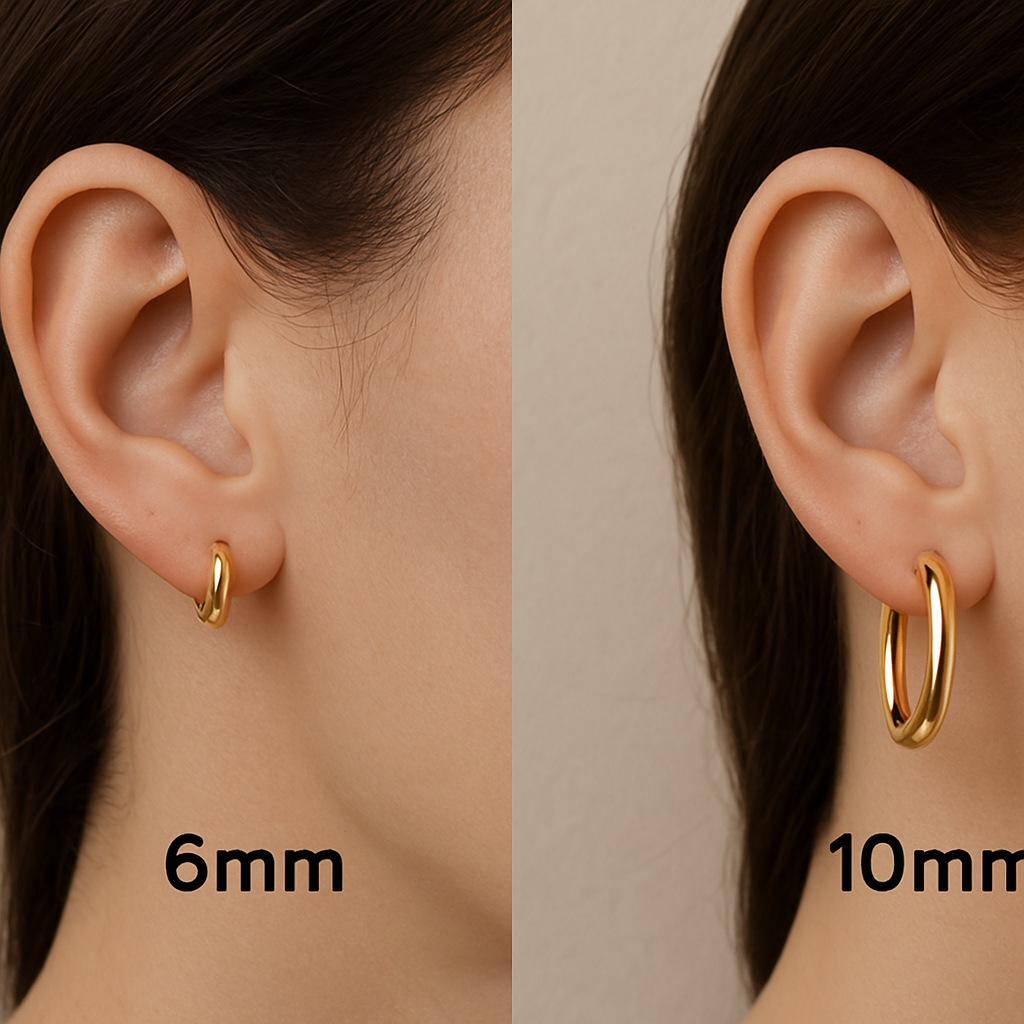 Visual difference between 6mm and 10mm hoop earrings