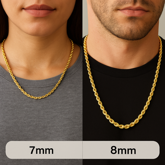 Visual Difference: 7mm vs 8mm Rope Chain for Women & Men