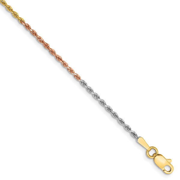 14K Tri-Color Diamond-Cut Rope Anklet 1.5mm