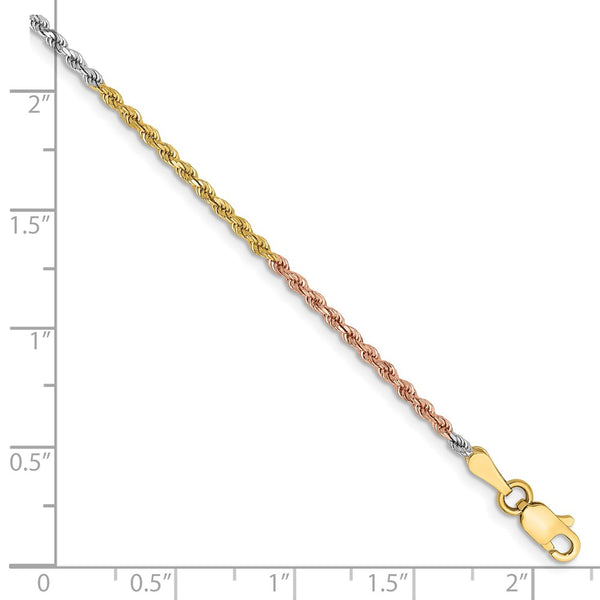 14K Tri-Color Diamond-Cut Rope Anklet - 9 Inch, 1.75mm