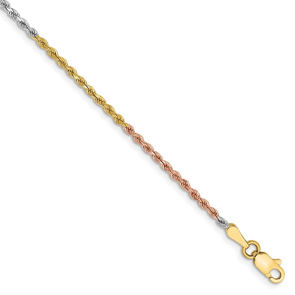 14K Tri-Color Diamond-Cut Rope Anklet - 10 Inch, 1.75mm