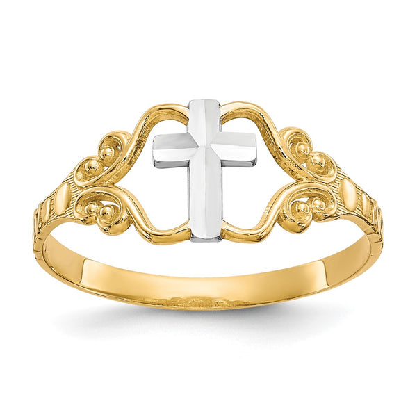 10K Gold & Rhodium-Plated Polished Cross Ring