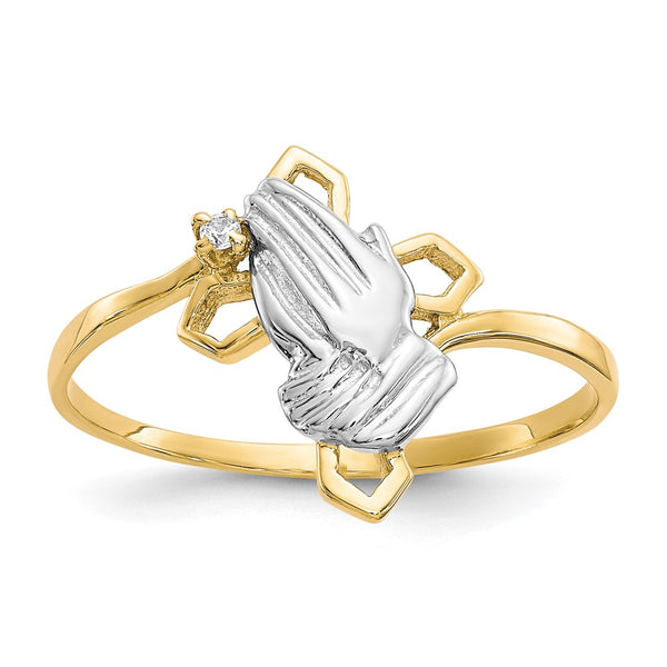 10K Gold & Rhodium Plated CZ Praying Hands Ring