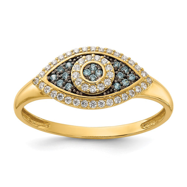 10K Polished Evil Eye Ring with Blue & White Cubic Zirconia