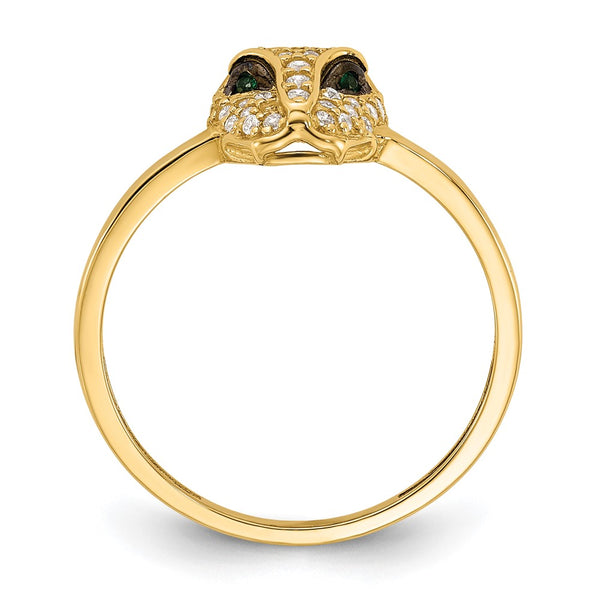 10K Polished Lioness Head Ring with Clear & Green CZ