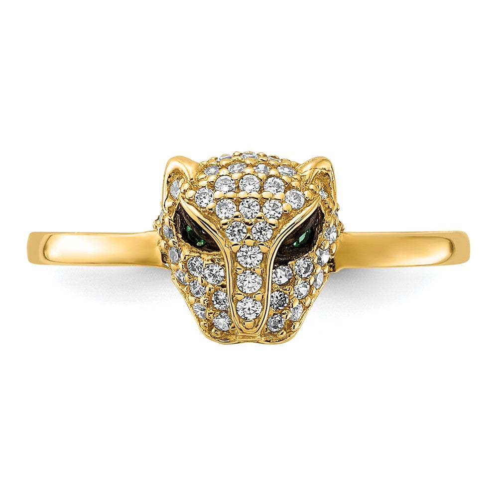 Exclusive 10K Polished Lioness Head Ring with Clear & Green CZ - Stylish Value