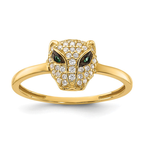 10K Polished Lioness Head Ring with Clear & Green CZ