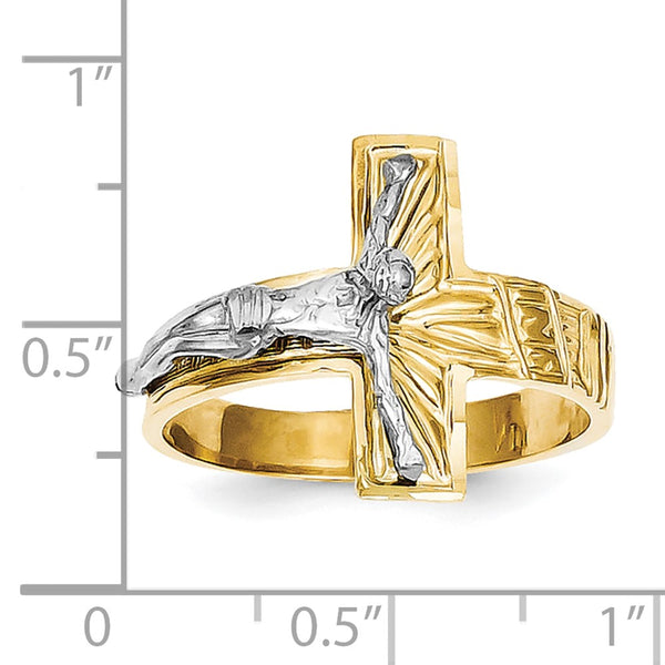 10K Two-Tone Polished Men's Crucifix Ring with Diamond-Cut Details