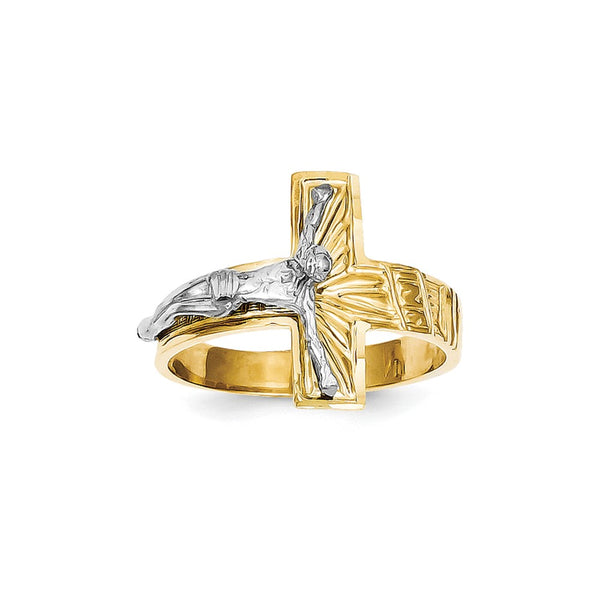 10K Two-Tone Polished Men's Crucifix Ring with Diamond-Cut Details