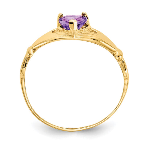 10K Gold Claddagh Heart Ring with Amethyst - February Birthstone