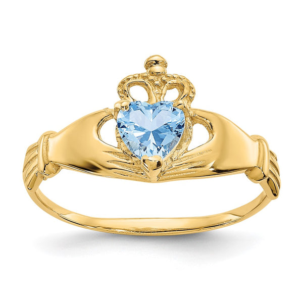 10K Gold Claddagh Heart Ring with March Birthstone