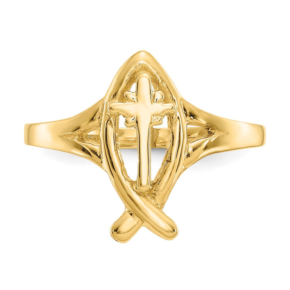 Shop Stylish 10K Gold Ichthus Fish Ring with Cross Design - Luxury Accessory
