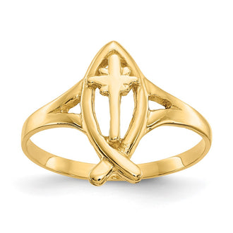 Shop Stylish 10K Gold Ichthus Fish Ring with Cross Design - Luxury Accessory
